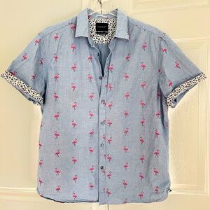 Cactus Man Ricky Singh Flamingo Blue Pink Button Down Short Sleeve Casual Shirt